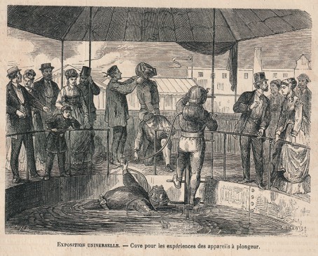Dans la cuve à plonger de 
l’Exposition Universelle de 1867 à Paris, avec régulateurs et groins Journal "Le Monde Illustré" 1867.